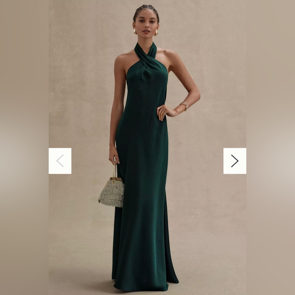 BHLDN Ruby Twist Halter Satin Gown (Dark Emerald)